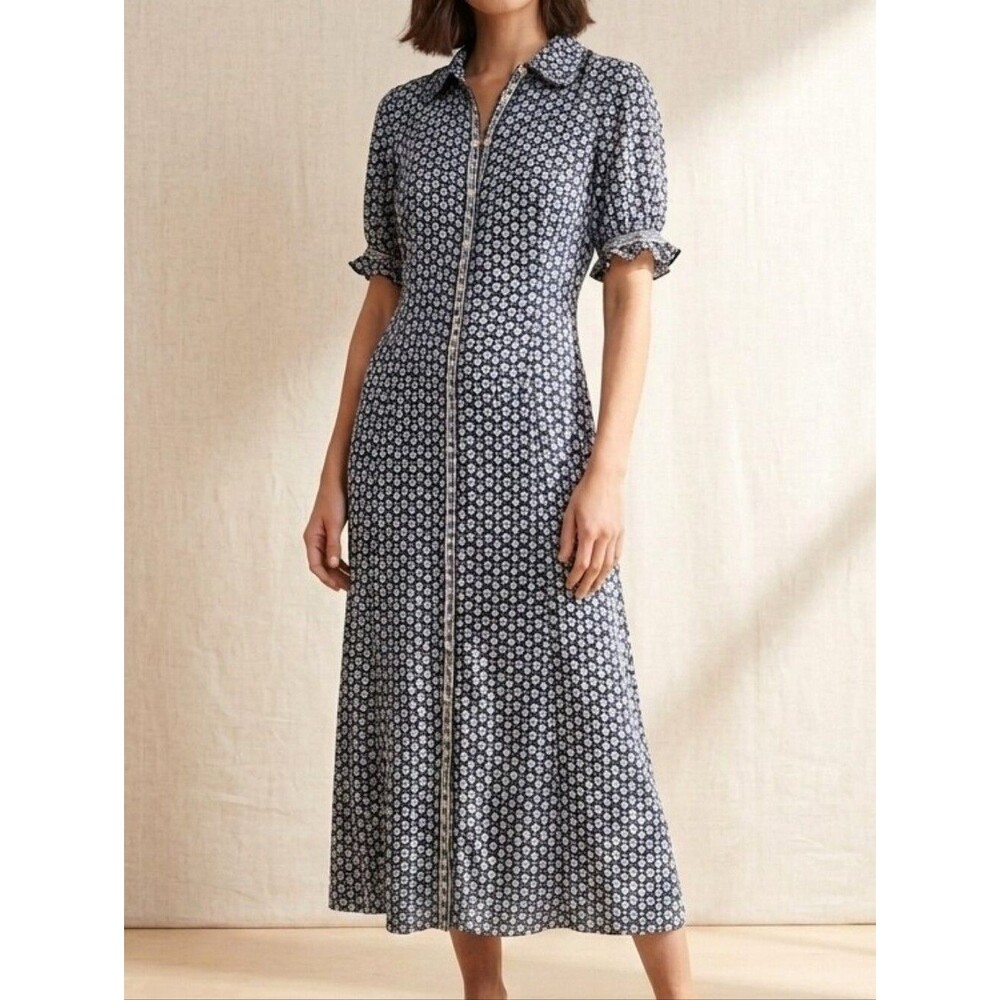 Max Studio navy blue white all over flower print button front long cute dress L
